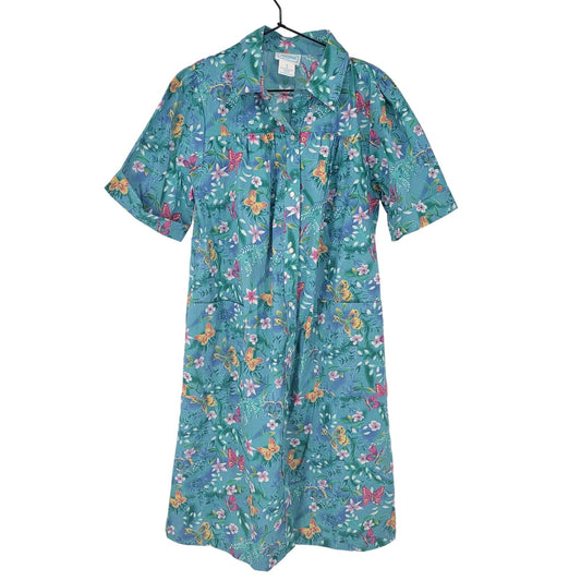 Vintage National Womens Sz S House Dress Nightgown Muu Muu Blue Butterfly Print