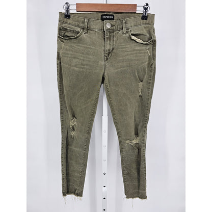 Express Womens Sz 6 Mid Rise Ankle Legging Jeans Olive Green Distressed