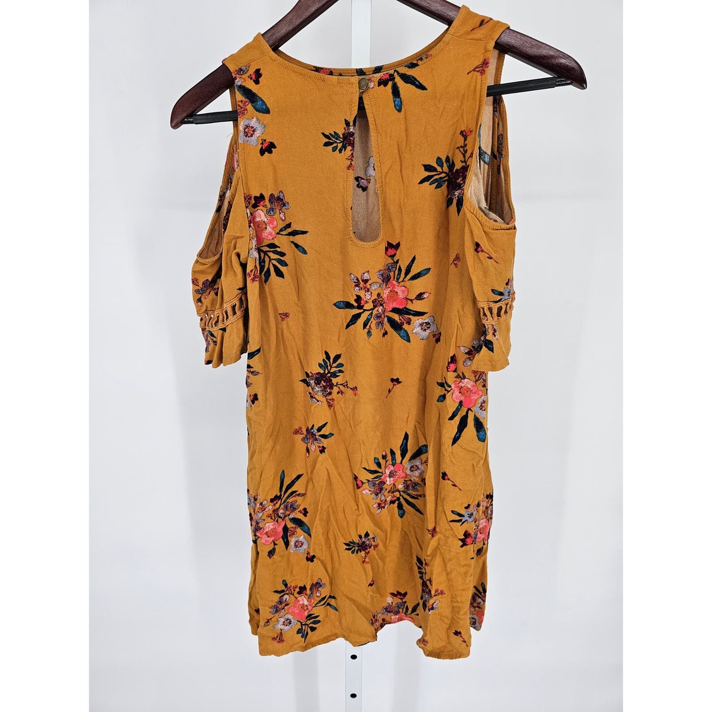 Xhilaration Womens Sz S Knee Length Cold Shoulder Boho Dress Mustard Yellow