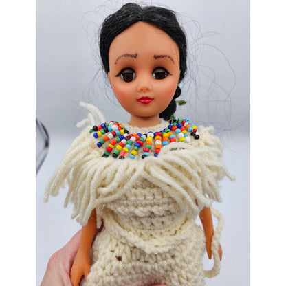 Vintage Native American Princess Doll w/ Fringed Crochet Dress 15" Beaded