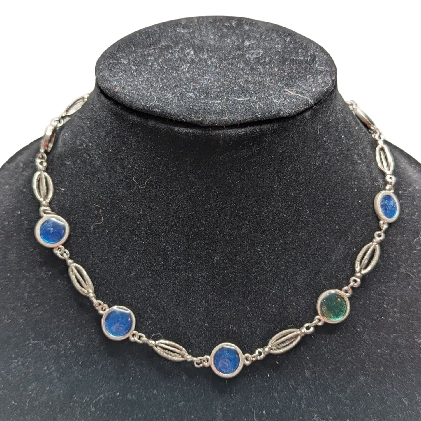 Vintage Y2K Silvertone Chain Necklace Blue Green Round Stones