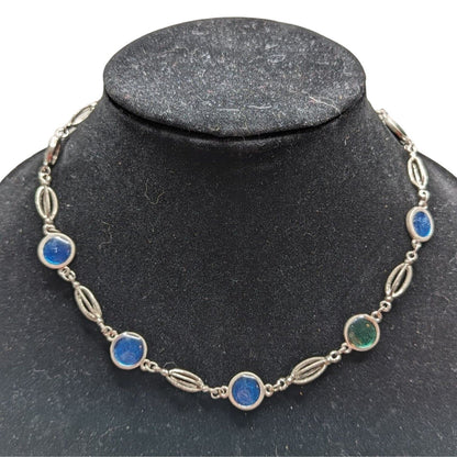 Vintage Y2K Silvertone Chain Necklace Blue Green Round Stones