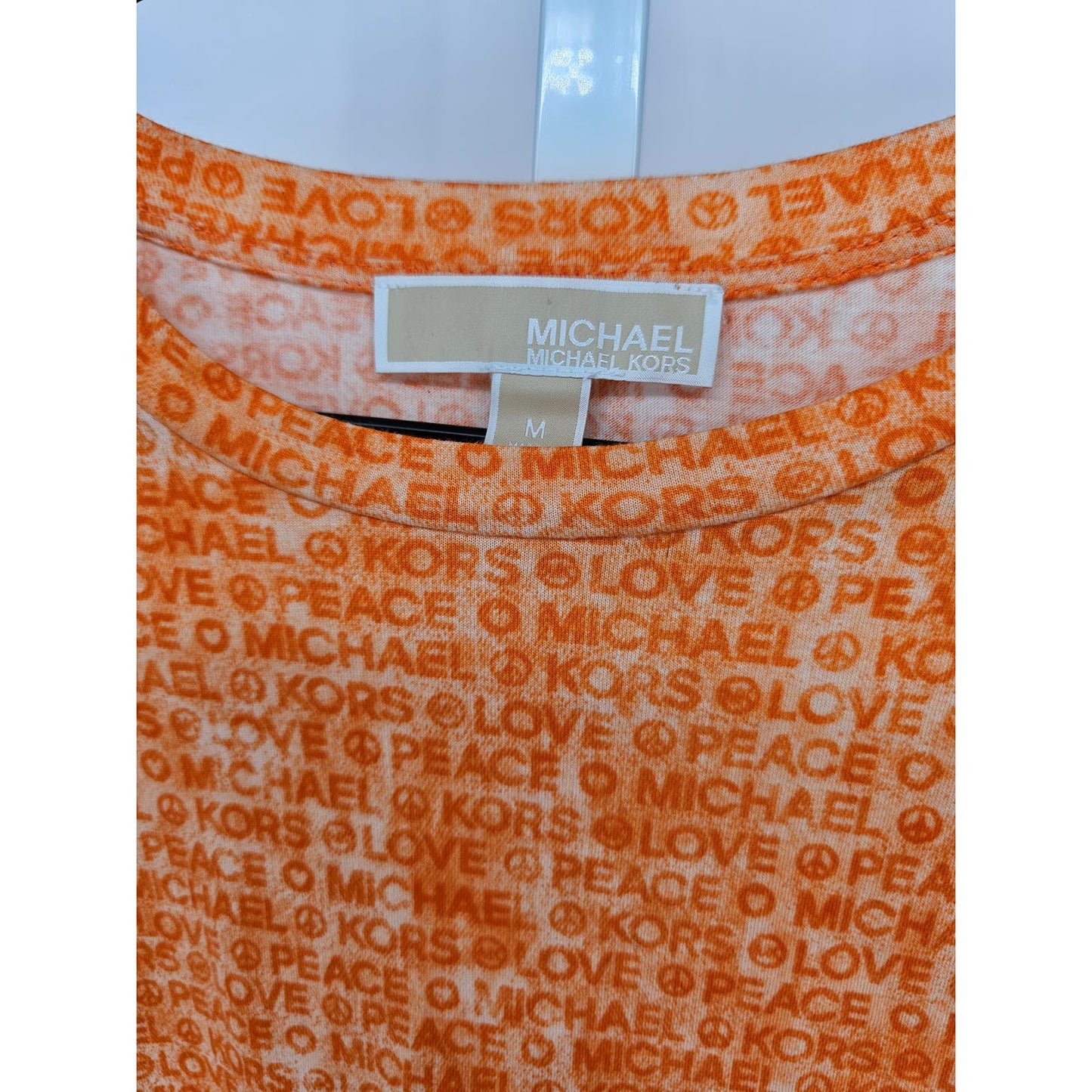 Michael Kors Womens Sz M Short Sleeve T Shirt Bright Orange Peace Love