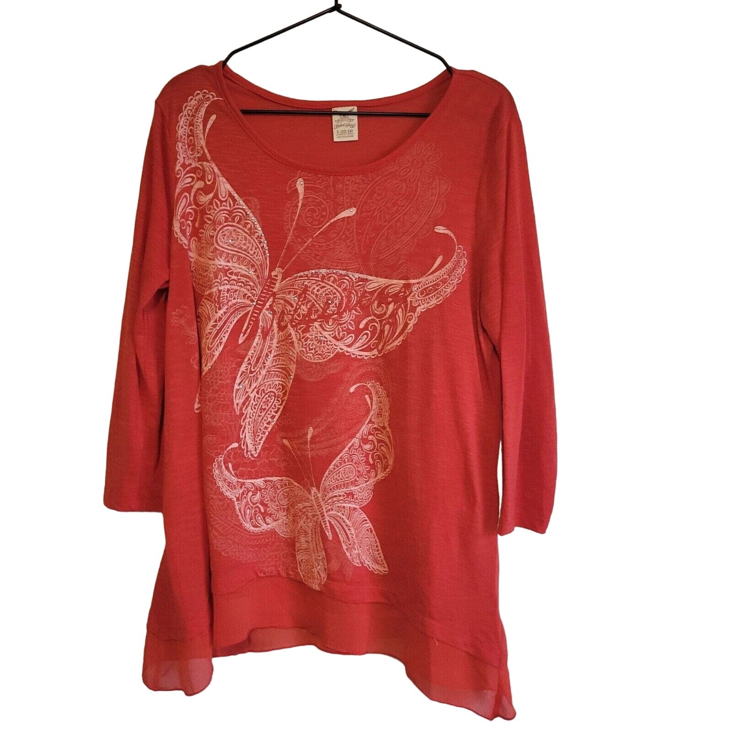 Faded Glory Womens Sz L Long Sleeve Tunic Top Butterfly Print Red