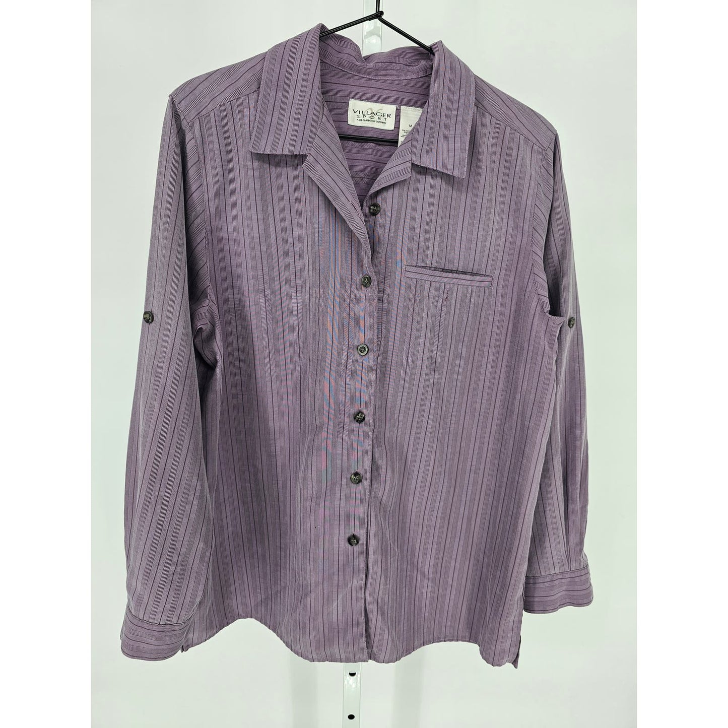 Villager Sport Womens Sz M Long Sleeve Button Up Dress Shirt Purple Striped