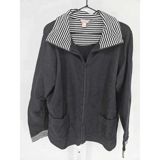 White Stag Womens Sz XXL Zip Up Cotton Jacket Black White Striped Trim