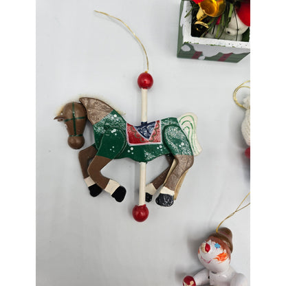 Lot of 5 Vintage Hand Painted Wooden Christas Ornaments Tree Carousel Present