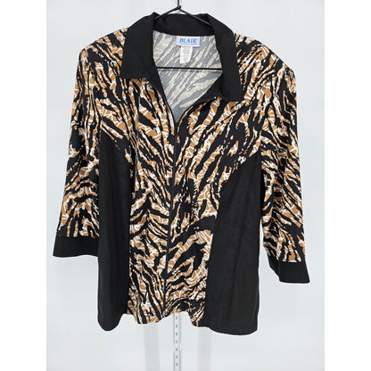 Blair Womens Sz L 3/4 Sleeve Zip Ip Jacket Animal Print Black Tan Collared