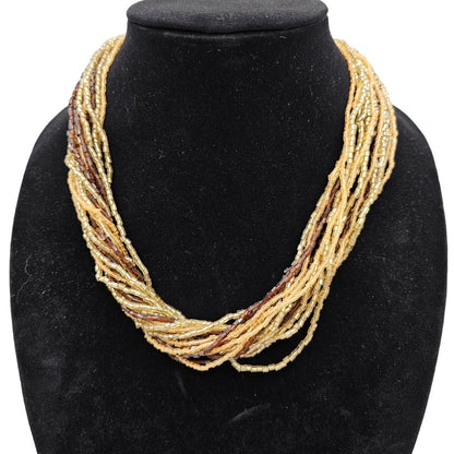 Vintage 1990s Multi Strand Seed Bead Necklace Gold Bronze Yellow