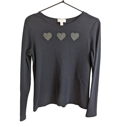 Charter Club Womens Sz S Long Sleeve T Shirt Black Silver Heart Rhinestones