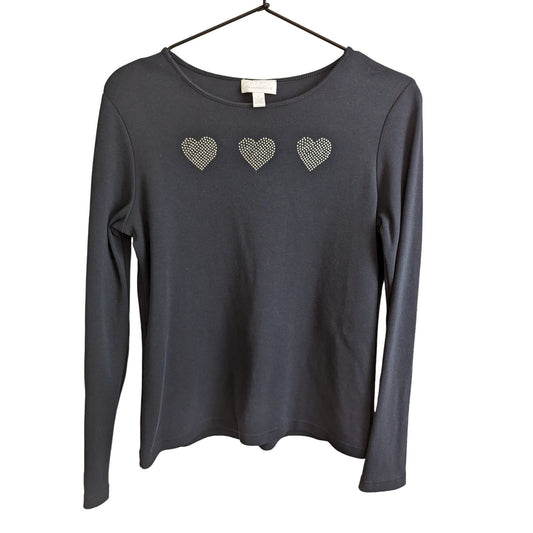 Charter Club Womens Sz S Long Sleeve T Shirt Black Silver Heart Rhinestones