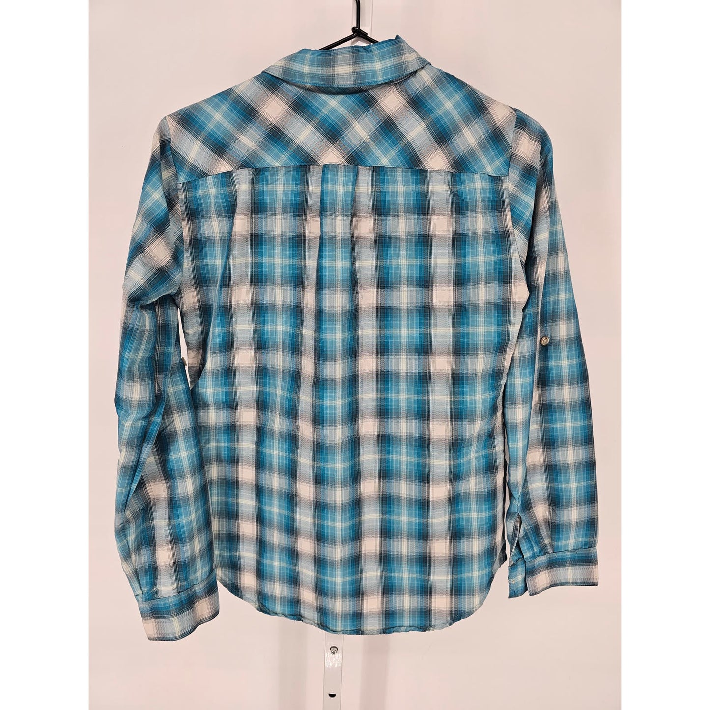 Eddie Bauer Womens Sz XS Long Sleeve Button Up Plaid Shirt Blue White Hiking