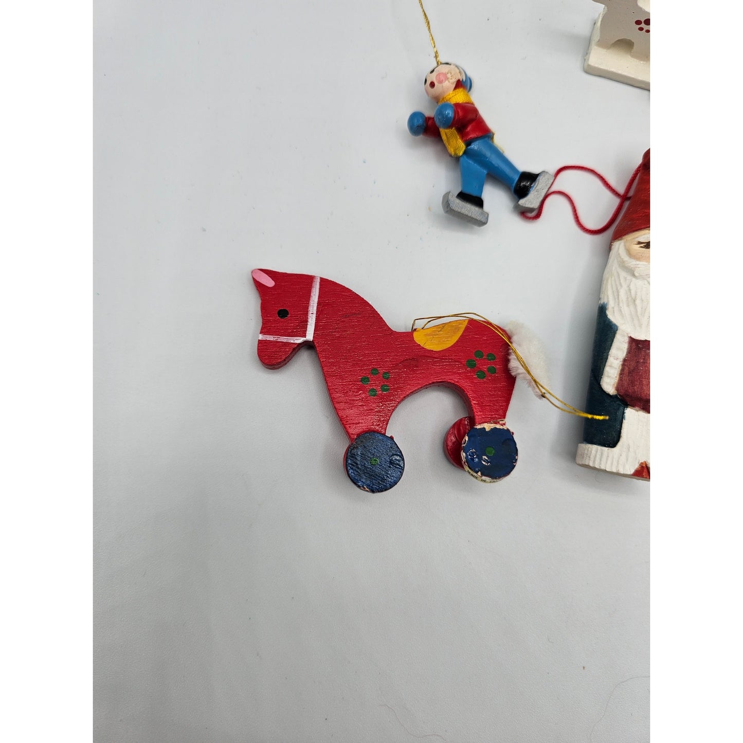 Lot of 5 Vintage Hand Painted Wooden Christas Ornaments Horse Santa Teddy Bear