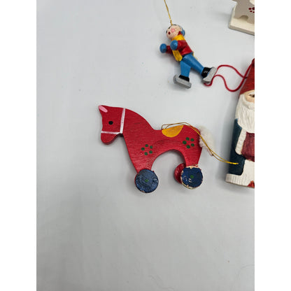 Lot of 5 Vintage Hand Painted Wooden Christas Ornaments Horse Santa Teddy Bear