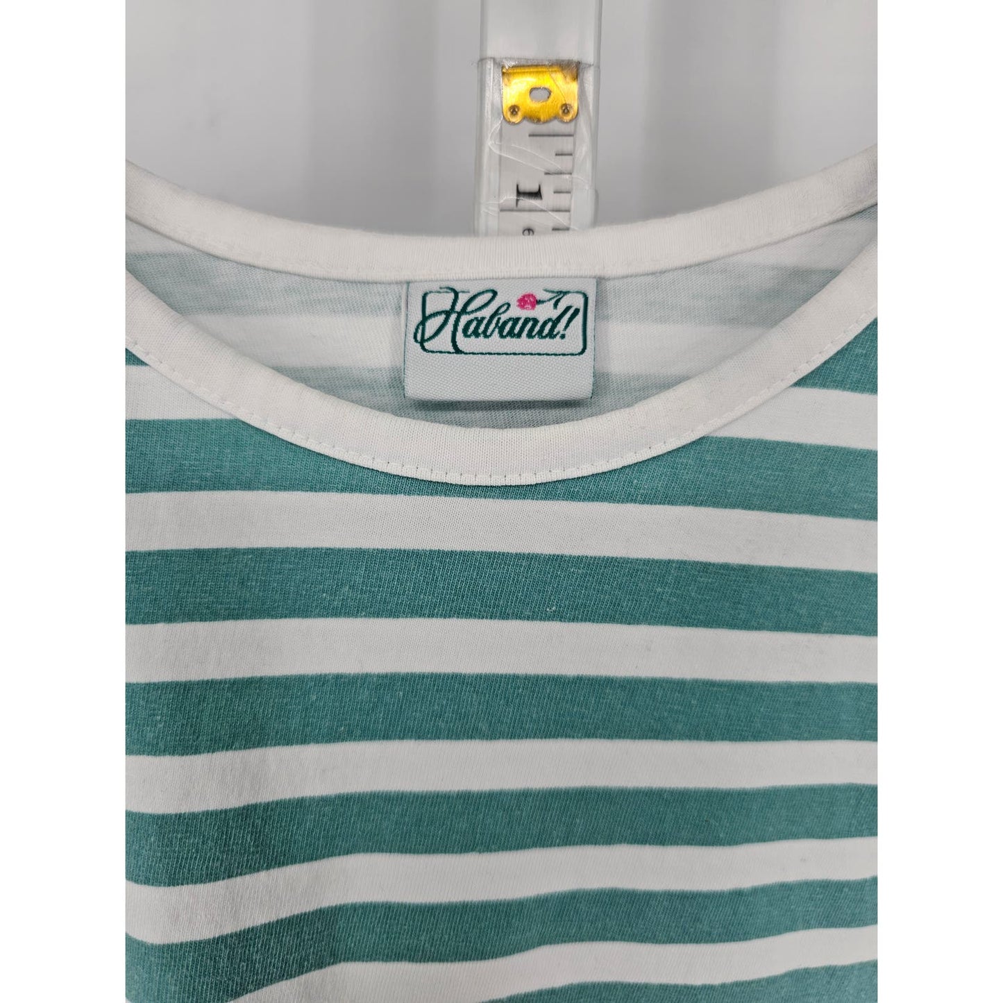 Vintage Haband Womens Sz S 3/4 Sleeve T Shirt Teal and White Striped 1990s