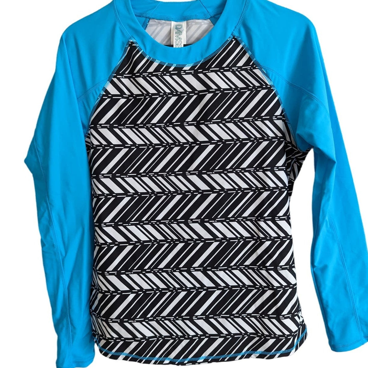 Damsel Womens Sz M Long Sleeve Rashguard Swimsuit Top Blue Black White