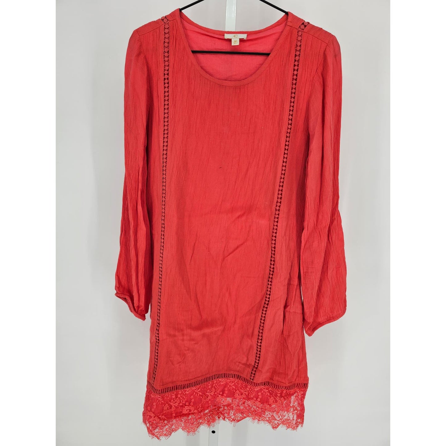 C Womens Sz M Knee Length Long Sleeve Dress Coral Pink Lace Trim