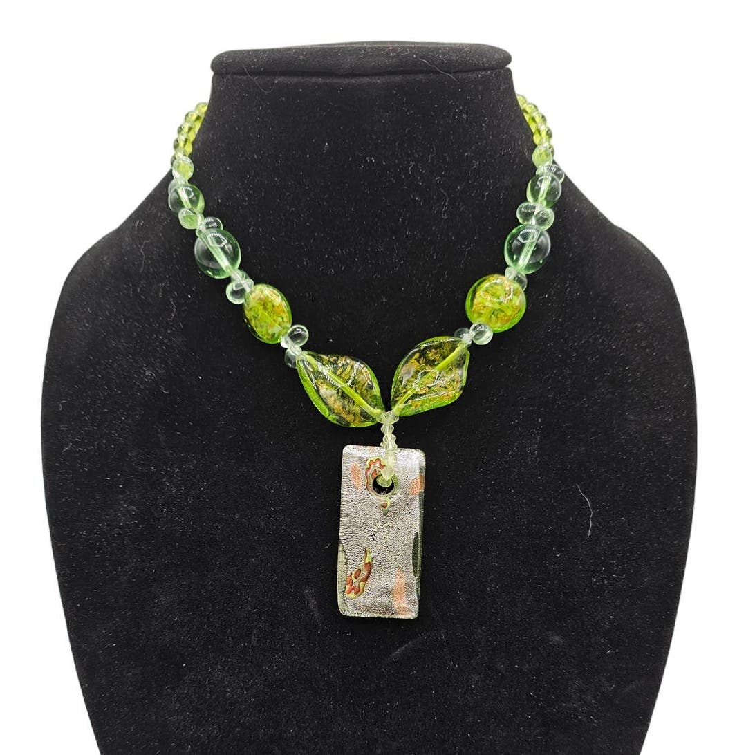 Vintage Mid Century Lime Green Glass Beaded Necklace w/ Square Pendant