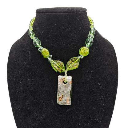 Vintage Mid Century Lime Green Glass Beaded Necklace w/ Square Pendant