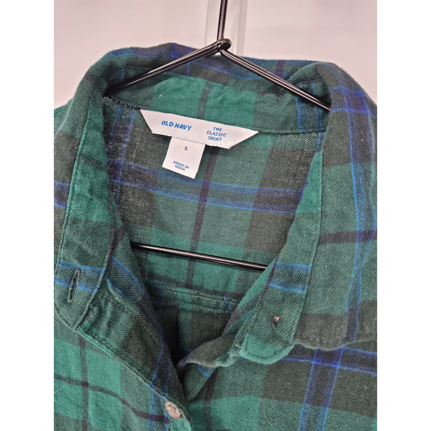 Old Navy Womens Sz S Classic Button Up Plaid Shirt Green Blue 100% Cotton