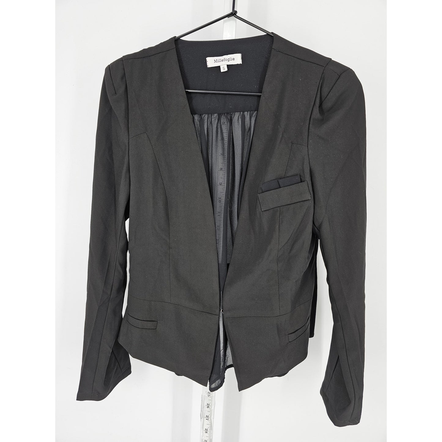 Millefoglie Womens Sz S Clasp Front Blazer Jacket Black Open Back Semi Sheer