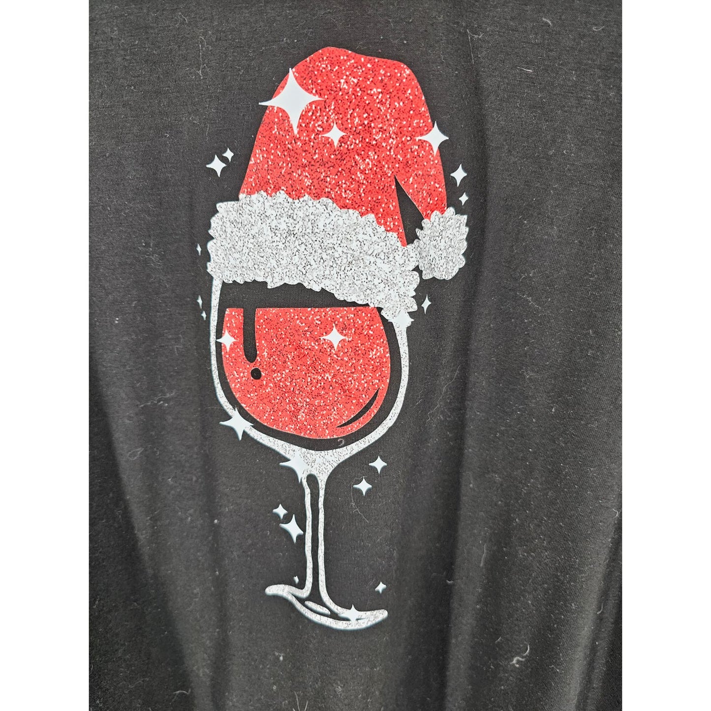 Womens Sz 2XL Long Sleeve V Neck T Shirt Christmas Santa Hat Wine Glass