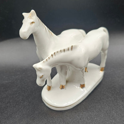 Vtg 1960s Japan 2 Horses Figure White w/ Gold Accents Porcelain