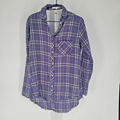 Gilded Intent Womens Sz S Long Sleeve Button Up Plaid Shirt Purple Open Back