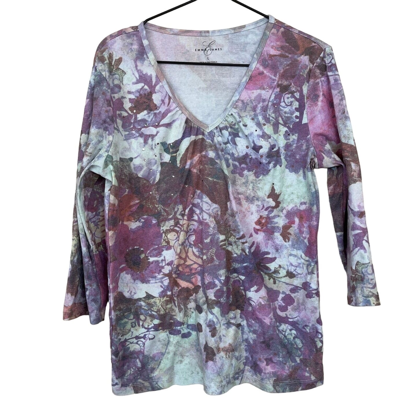 Emma & James Womens Sz L V Neck Purple Floral Blouse T Shirt