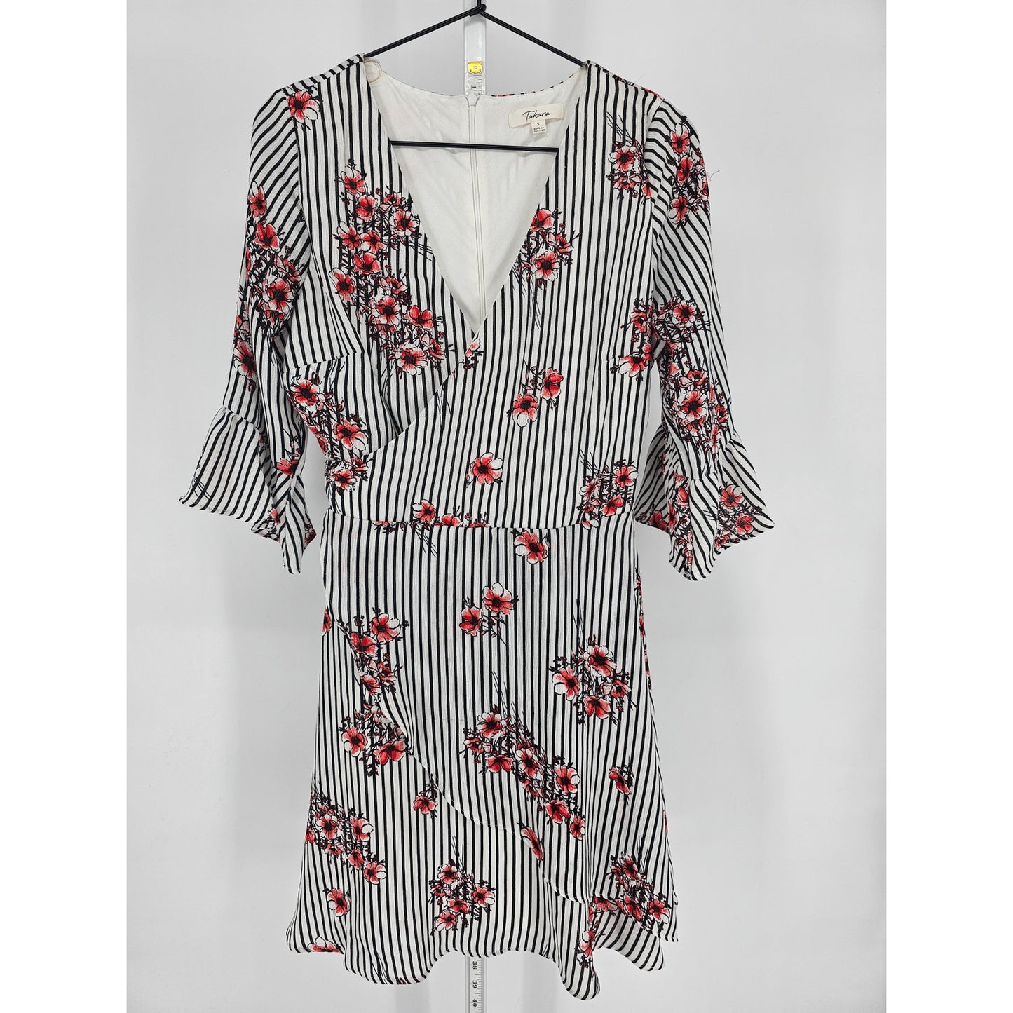 Takara Juniors Sz 5 Knee Length Bell Sleeve Faux Wrap Dress Striped Floral