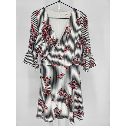 Takara Juniors Sz 5 Knee Length Bell Sleeve Faux Wrap Dress Striped Floral
