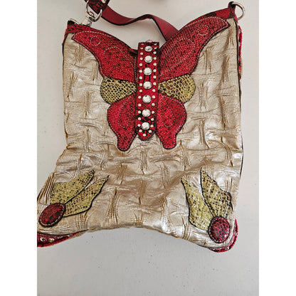 Vintage Y2K Gold Red Leather Shoulder Bag Purse Rhinestone Butterfly