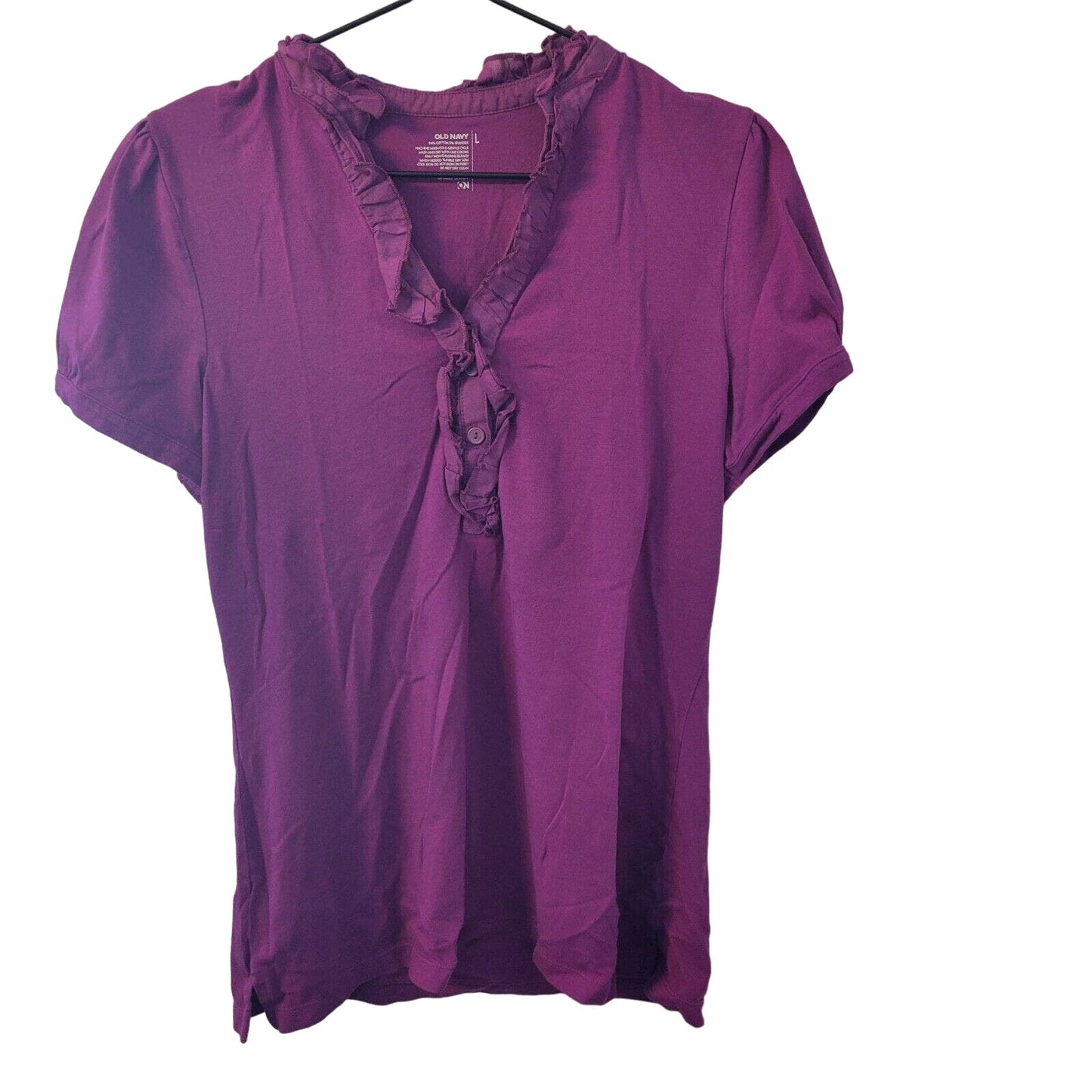 Vintage Old Navy womens Sz L Short Sleeve T Shirt Purple Ruffled Neckline