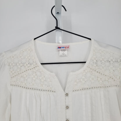 American Sweetheart Womens Sz S Tab Sleeve Blouse White Lace neckline