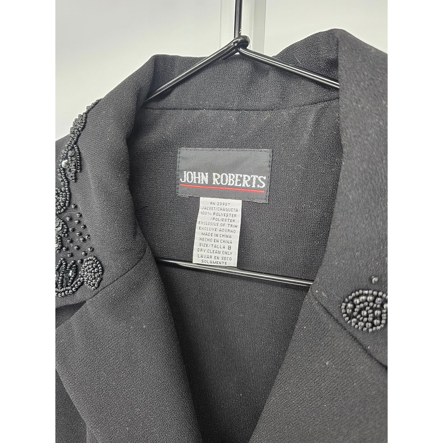 Vintage John Roberts Womens Sz 8 Blazer Jacket Black Beaded Collar