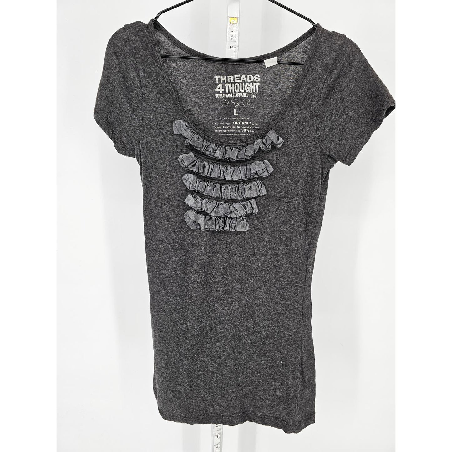 Threads 4 Thought Womens Sz L Scoop Neck Short Sleeve T Shirt Gray Ruffled Front