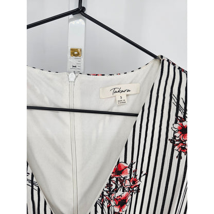 Takara Juniors Sz 5 Knee Length Bell Sleeve Faux Wrap Dress Striped Floral