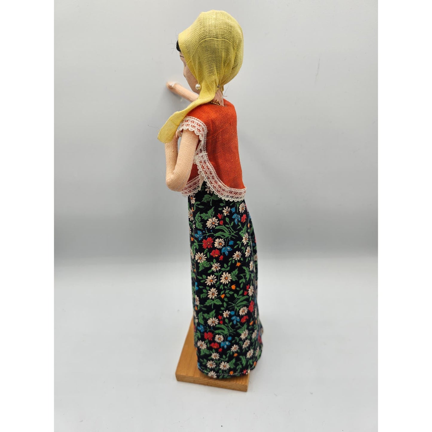 Vintage Turkish Bridal Doll Poseable Arms on Wooden Stand Floral Skirt