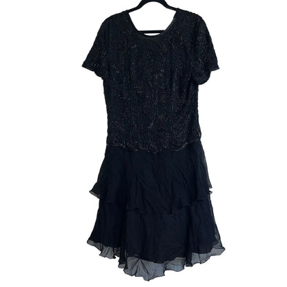 Laurence Kazar Womens PL Midi Dress Silk Fully Beaded Black Formal