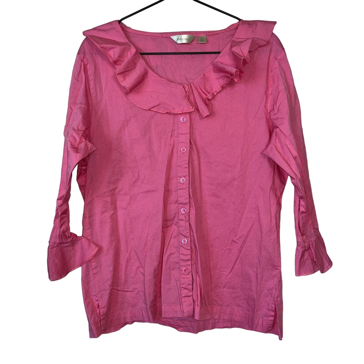 Passports Womens Sz XL Long Sleeve Cotton Blend Shirt Ruffled Neckline Pink