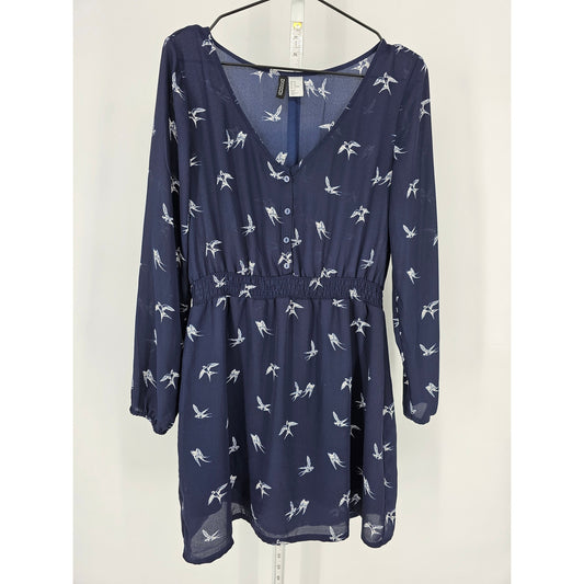 Divided by H&M Womens Sz 10 Long Sleeve Above Knee Dress Sparrow Bird Print