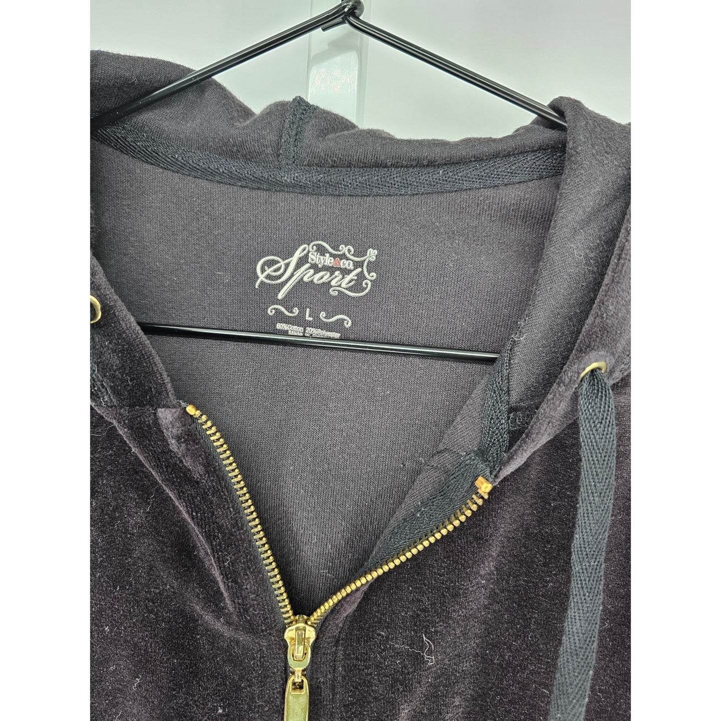 Style & Co Womens Sz L Full Zip Velour Track Jacket Black and Gold Hooded