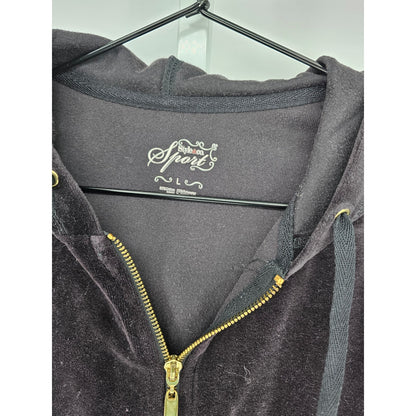 Style & Co Womens Sz L Full Zip Velour Track Jacket Black and Gold Hooded