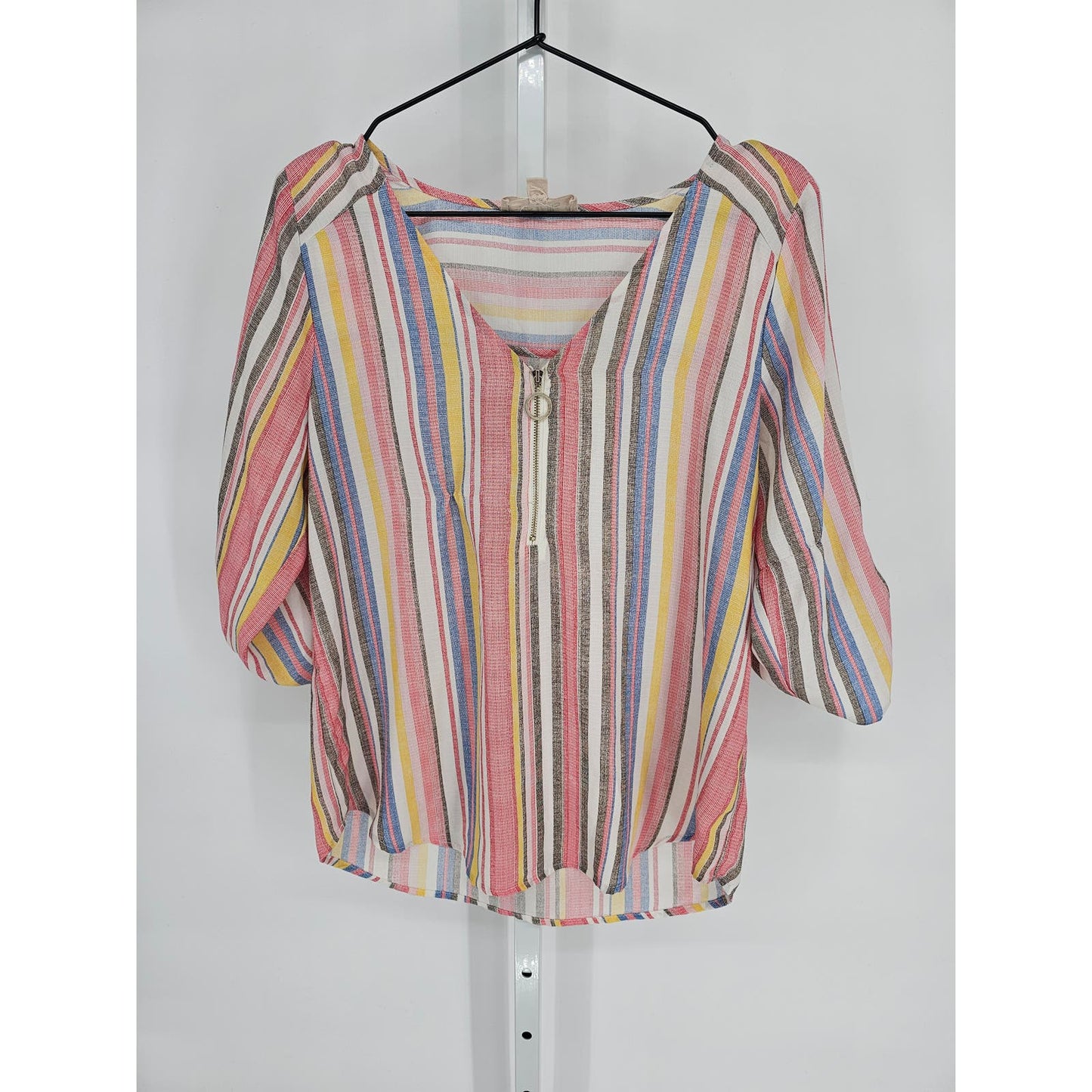 No Frills LA Womens Sz M Zip Front Rainbow Striped Blouse 3/4 Sleeve