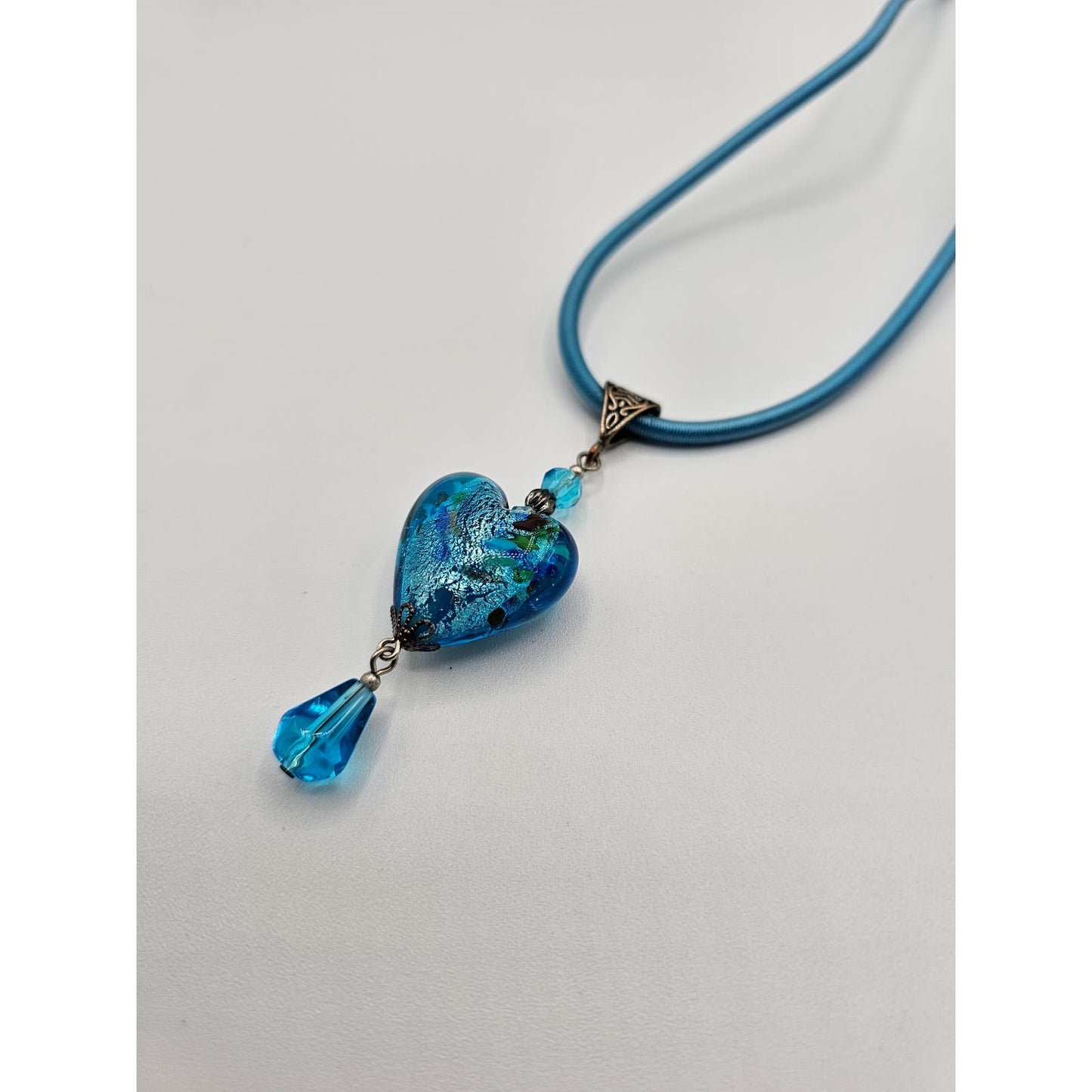 Vintage Y2K Pendant Necklace Blue Glass Heart Rope String