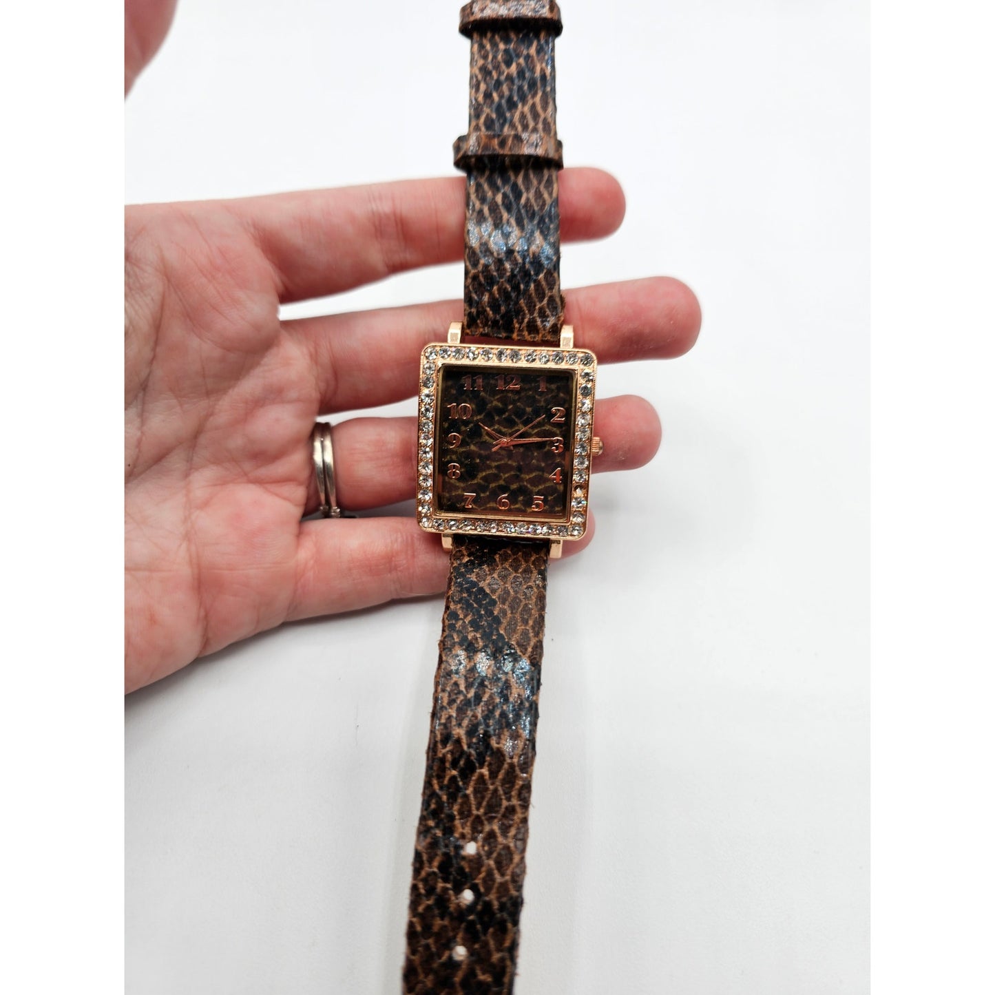 Vintage Y2K American Exchange Watch Wristwatch Faux Snakeskin Print Rhinestone