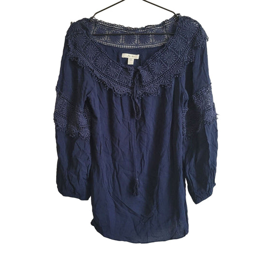 Ella Moon Womens Sz L Dark Blue Boho Crochet Knit Blouse Long Sleeve