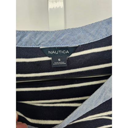 Nautica Womens Sz S Navy Vlue Striped 3/4 Sleeve Top Chambray Trim