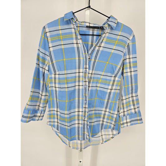 New York & Company womens Sz S Long Sleeve Button Up Plaid Shirt Light Blue