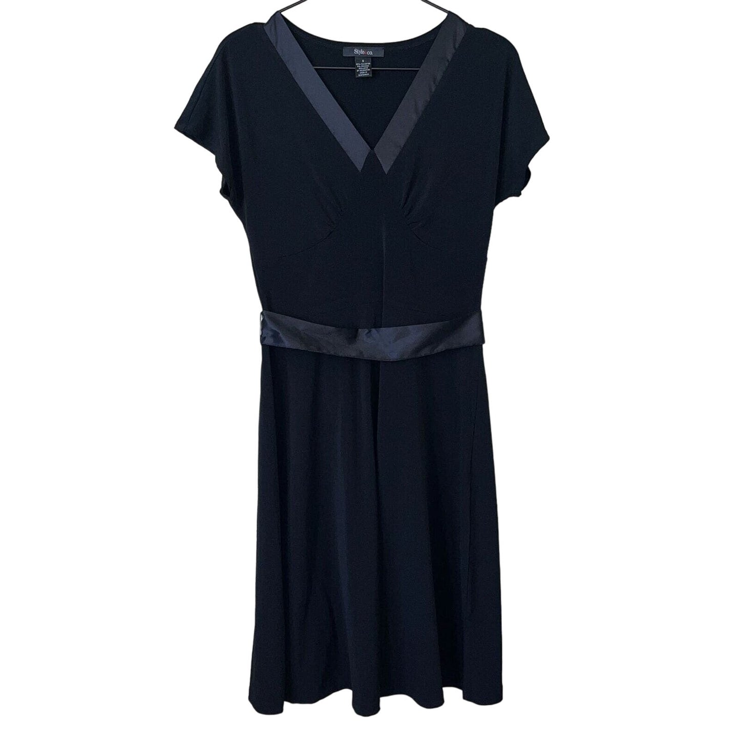 Style & Co Womens Sz S Black Midi Dress A Line Satin Trim V Neck
